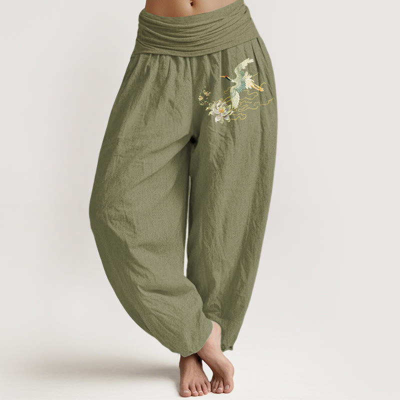 Buddha Stones Cranes Lotus Pattern Pure Cotton Women's Elastic Waist Harem Pants - OliveDrab - US22,UK/AU26,EU54 (6XL) - image 14