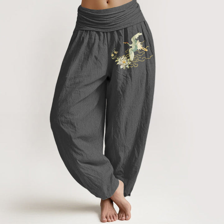 Buddha Stones Cranes Lotus Pattern Pure Cotton Women's Elastic Waist Harem Pants - Gray - US22,UK/AU26,EU54 (6XL) - image 8
