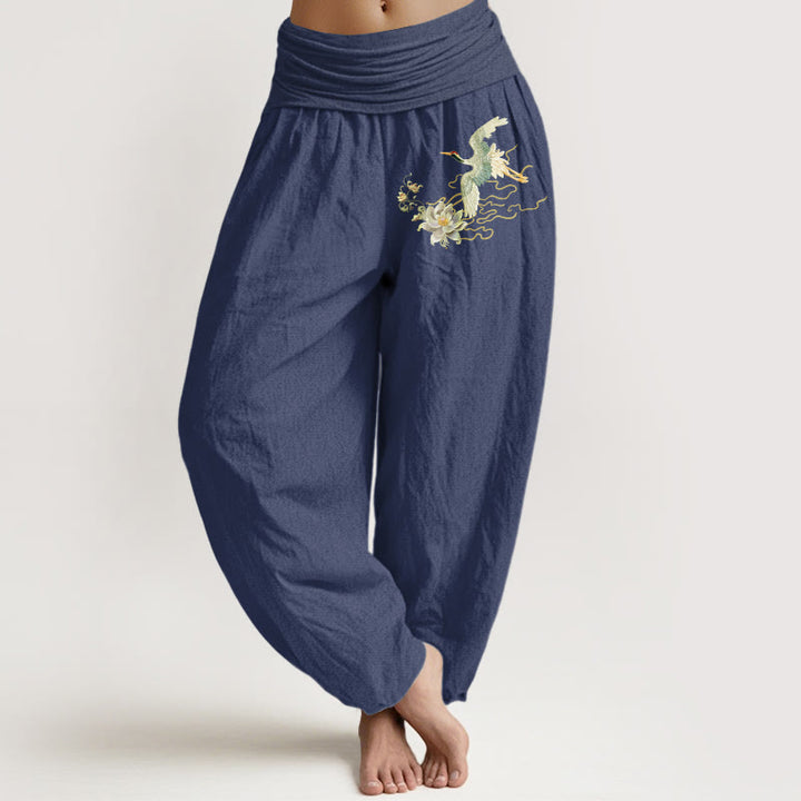 Buddha Stones Cranes Lotus Pattern Pure Cotton Women's Elastic Waist Harem Pants - DarkSlateBlue - US22,UK/AU26,EU54 (6XL) - image 5
