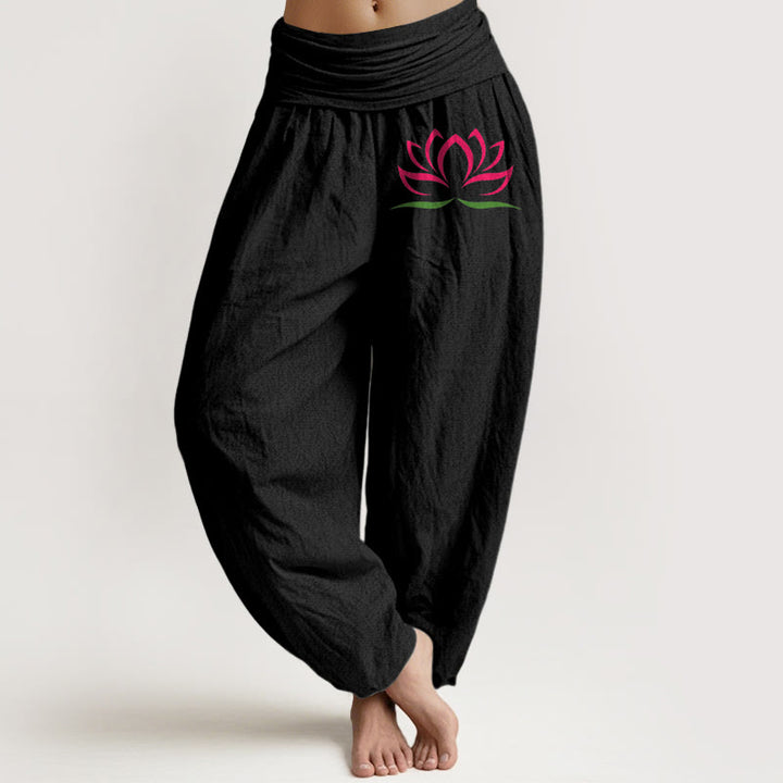 Buddha Stones Simple Design Pink Lotus Pattern Pure Cotton Women's Elastic Waist Harem Pants - Black - US22,UK/AU26,EU54 (6XL) - image 0
