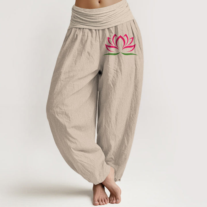 Buddha Stones Simple Design Pink Lotus Pattern Pure Cotton Women's Elastic Waist Harem Pants - Tan - US22,UK/AU26,EU54 (6XL) - image 11