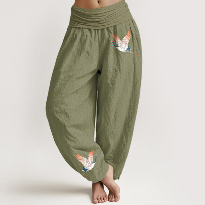 Buddha Stones Two Graceful Cranes Pattern Pure Cotton Women's Elastic Waist Harem Pants - OliveDrab - US22,UK/AU26,EU54 (6XL) - image 14