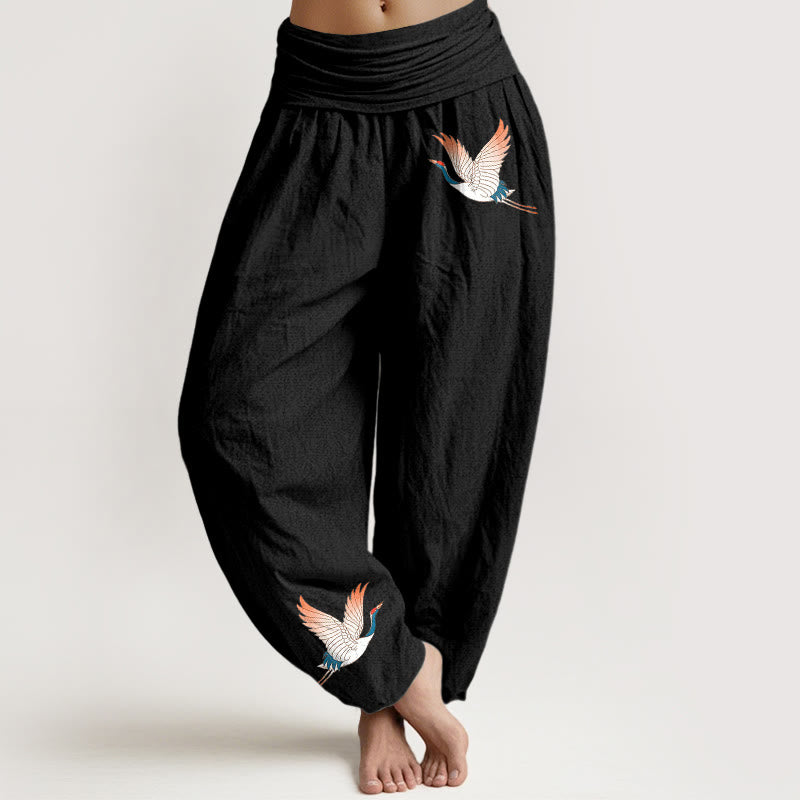 Buddha Stones Two Graceful Cranes Pattern Pure Cotton Women's Elastic Waist Harem Pants - Black - US22,UK/AU26,EU54 (6XL) - image 0