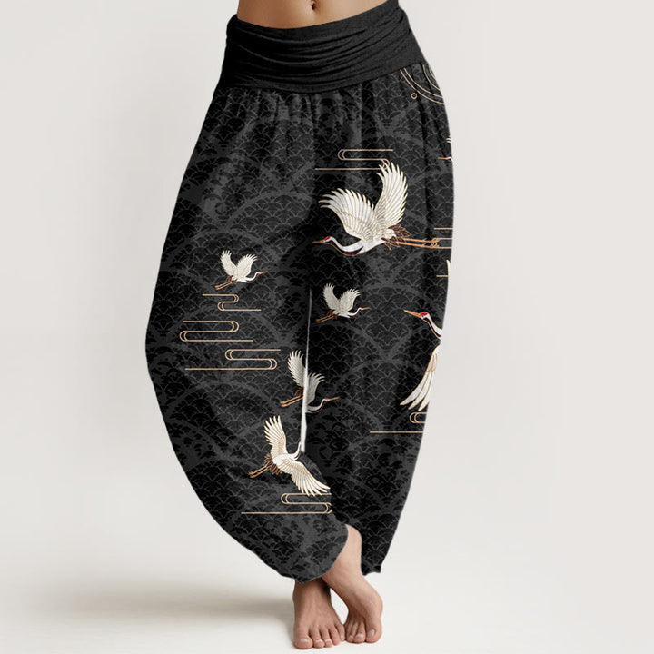 Buddha Stones Print Cranes Wave Pattern Women's Elastic Waist Harem Pure Cotton Pants - Black - US22,UK/AU26,EU54 (6XL) - image 0