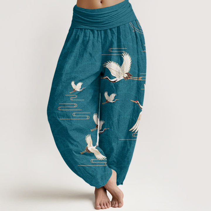 Buddha Stones Print Cranes Wave Pattern Women's Elastic Waist Harem Pure Cotton Pants - DarkCyan - US22,UK/AU26,EU54 (6XL) - image 5