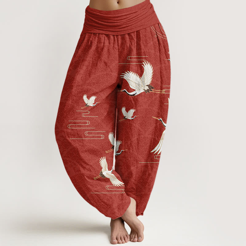 Buddha Stones Print Cranes Wave Pattern Women's Elastic Waist Harem Pure Cotton Pants - FireBrick - US22,UK/AU26,EU54 (6XL) - image 8