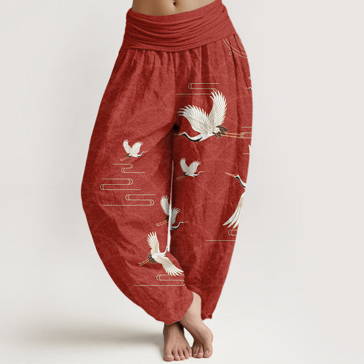 Buddha Stones Print Cranes Wave Pattern Women's Elastic Waist Harem Pure Cotton Pants - FireBrick - US22,UK/AU26,EU54 (6XL) - image 8