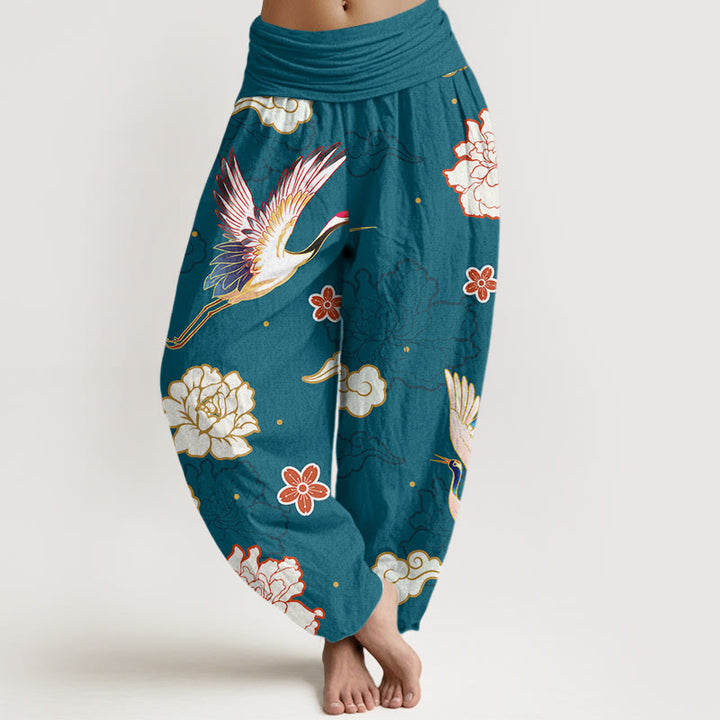 Buddha Stones Print Cranes Peonies Pattern Women's Elastic Waist Harem Pure Cotton Pants - DarkCyan - US22,UK/AU26,EU54 (6XL) - image 0