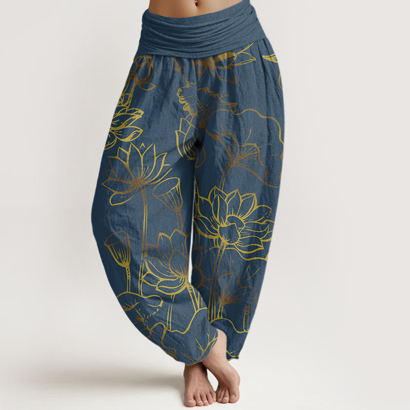 Buddha Stones Print Lotus Flowers Leaves Pattern Women's Elastic Waist Harem Cotton Pants - SteelBlue - US22,UK/AU26,EU54 (6XL) - image 0
