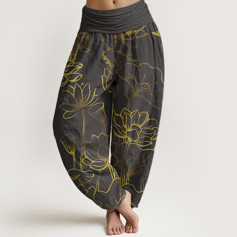 Buddha Stones Print Lotus Flowers Leaves Pattern Women's Elastic Waist Harem Cotton Pants - SlateGray - US22,UK/AU26,EU54 (6XL) - image 8