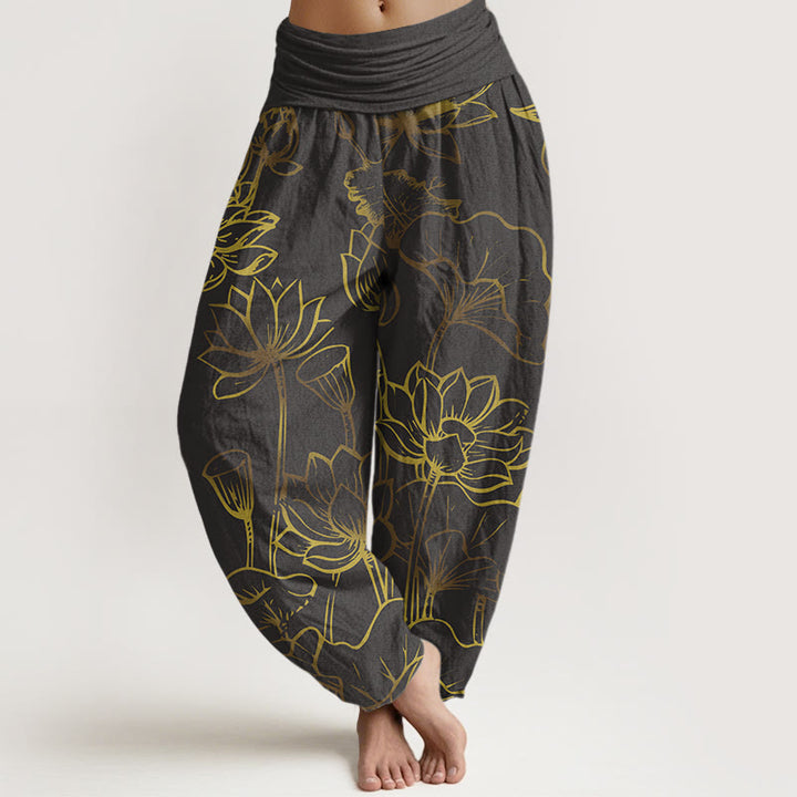 Buddha Stones Print Lotus Flowers Leaves Pattern Women's Elastic Waist Harem Cotton Pants - SlateGray - US22,UK/AU26,EU54 (6XL) - image 8