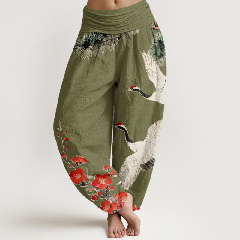 Buddha Stones Print Cranes Plum Blossoms Pattern Women's Elastic Waist Harem Cotton Pants - OliveDrab - US22,UK/AU26,EU54 (6XL) - image 5