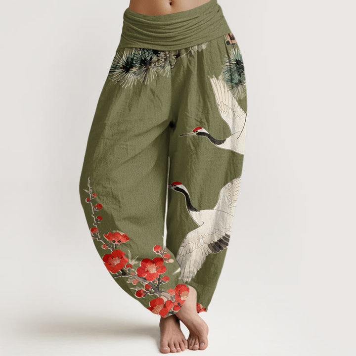 Buddha Stones Print Cranes Plum Blossoms Pattern Women's Elastic Waist Harem Cotton Pants - OliveDrab - US22,UK/AU26,EU54 (6XL) - image 5