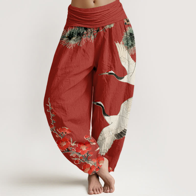 Buddha Stones Print Cranes Plum Blossoms Pattern Women's Elastic Waist Harem Cotton Pants - FireBrick - US22,UK/AU26,EU54 (6XL) - image 8