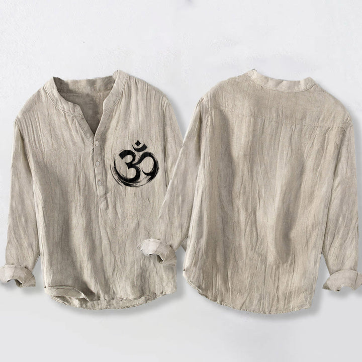 Buddha Stones Om Symbol Pattern Half Buttons Men's Cotton Linen Long Sleeve Shirt - image 5