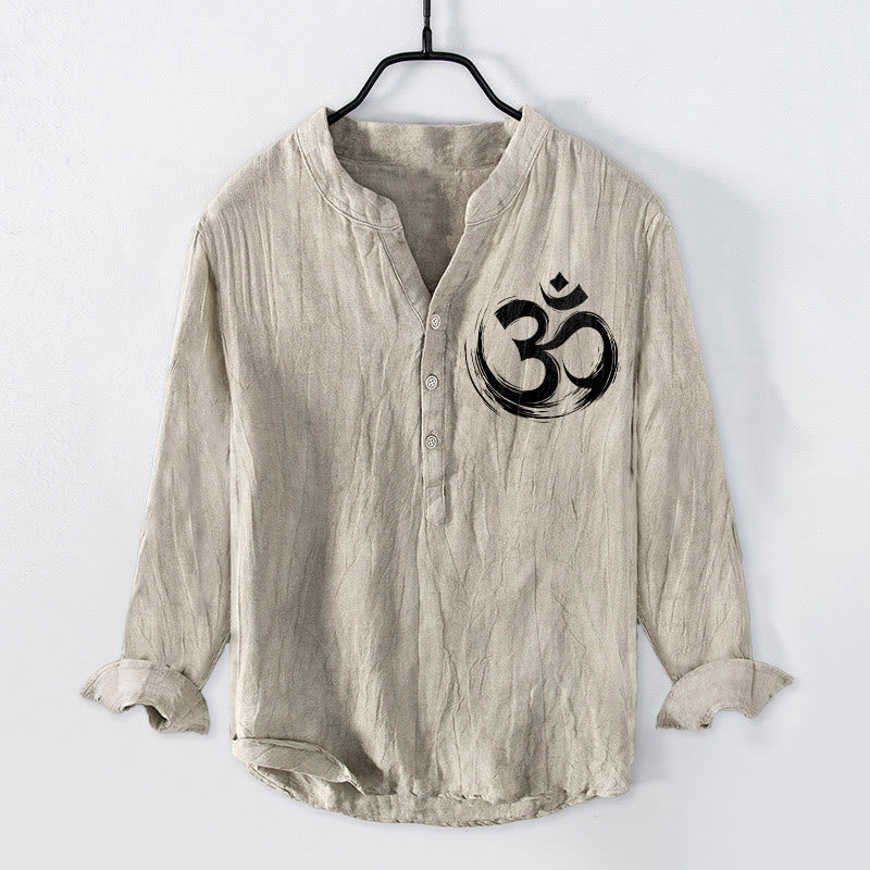 Buddha Stones Om Symbol Pattern Half Buttons Men's Cotton Linen Long Sleeve Shirt - Linen - US/UK/AU50,EU60 (5XL) - image 3