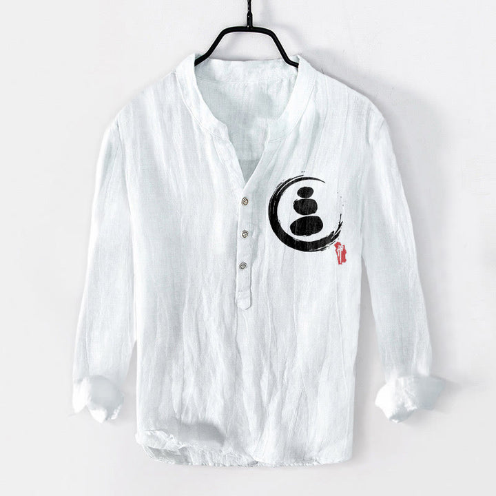 Buddha Stones Zen Stone Pattern Half Buttons Men's Cotton Linen Long Sleeve Shirt - White - US/UK/AU50,EU60 (5XL) - image 6