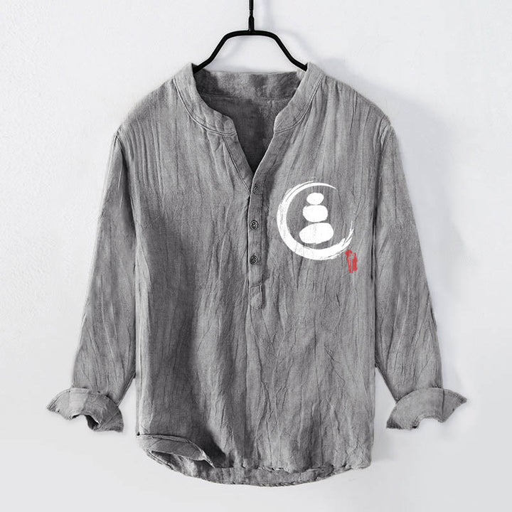 Buddha Stones Zen Stone Pattern Half Buttons Men's Cotton Linen Long Sleeve Shirt - Gray - US/UK/AU50,EU60 (5XL) - image 0