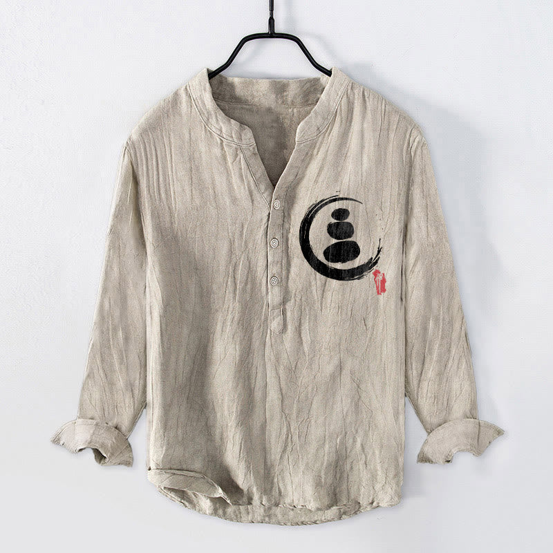 Buddha Stones Zen Stone Pattern Half Buttons Men's Cotton Linen Long Sleeve Shirt - Linen - US/UK/AU50,EU60 (5XL) - image 3