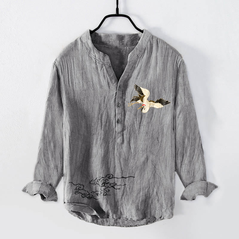 Buddha Stones Crane Auspicious Clouds Pattern Half Buttons Men's Cotton Linen Long Sleeve Shirt - Gray - US/UK/AU50,EU60 (5XL) - image 0