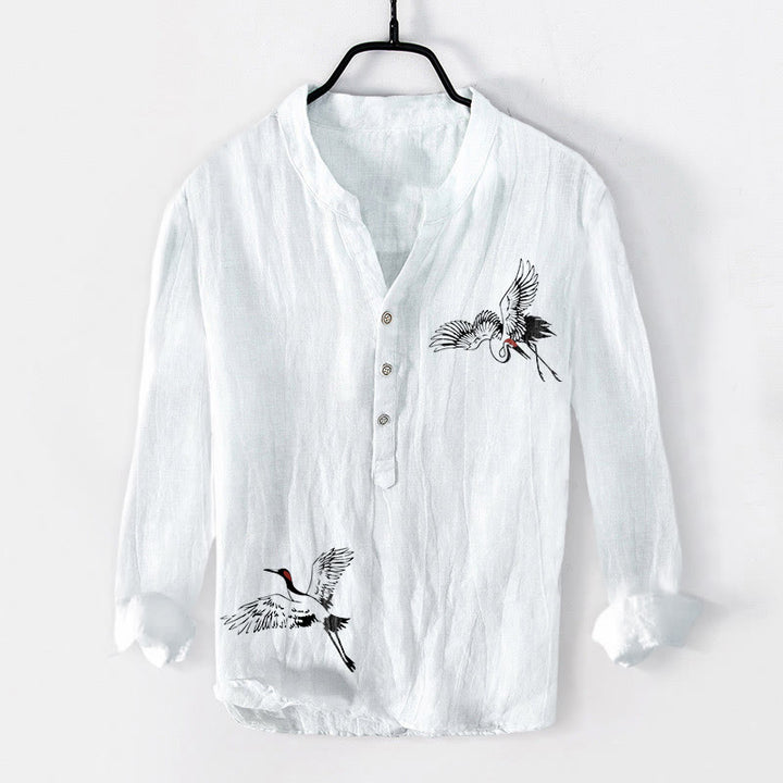 Buddha Stones Red-crowned Crane Pattern Half Buttons Men's Cotton Linen Long Sleeve Shirt - White - US/UK/AU50,EU60 (5XL) - image 0
