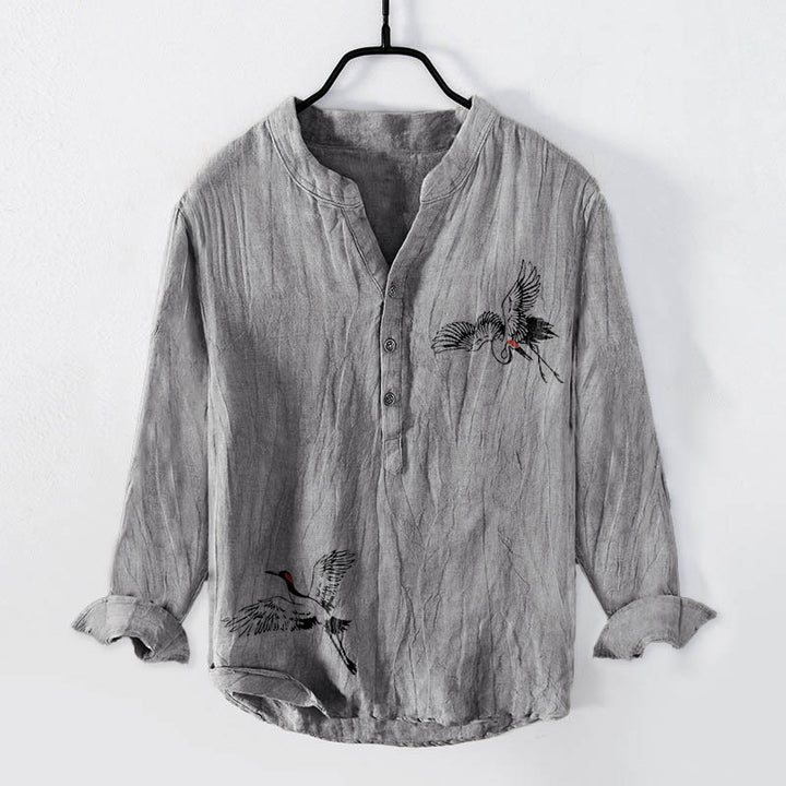 Buddha Stones Red-crowned Crane Pattern Half Buttons Men's Cotton Linen Long Sleeve Shirt - Gray - US/UK/AU50,EU60 (5XL) - image 3