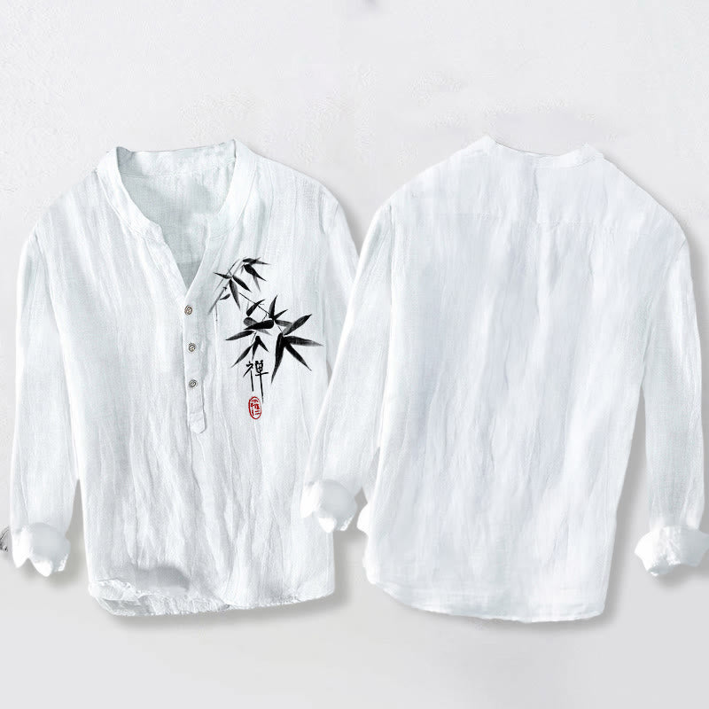 Buddha Stones Bamboo Zen Character Pattern Half Buttons Men's Cotton Linen Long Sleeve Shirt - image 8