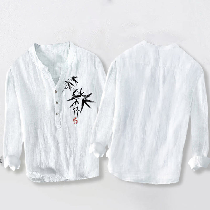 Buddha Stones Bamboo Zen Character Pattern Half Buttons Men's Cotton Linen Long Sleeve Shirt - image 8
