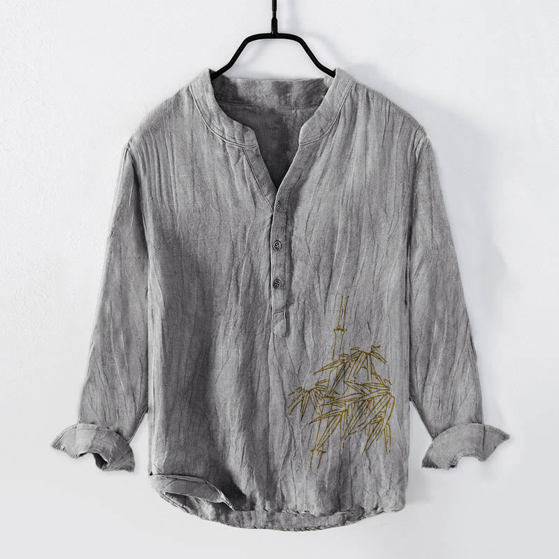 Buddha Stones Bamboo Leaves Pattern Half Buttons Men's Cotton Linen Long Sleeve Shirt - Gray - US/UK/AU50,EU60 (5XL) - image 3