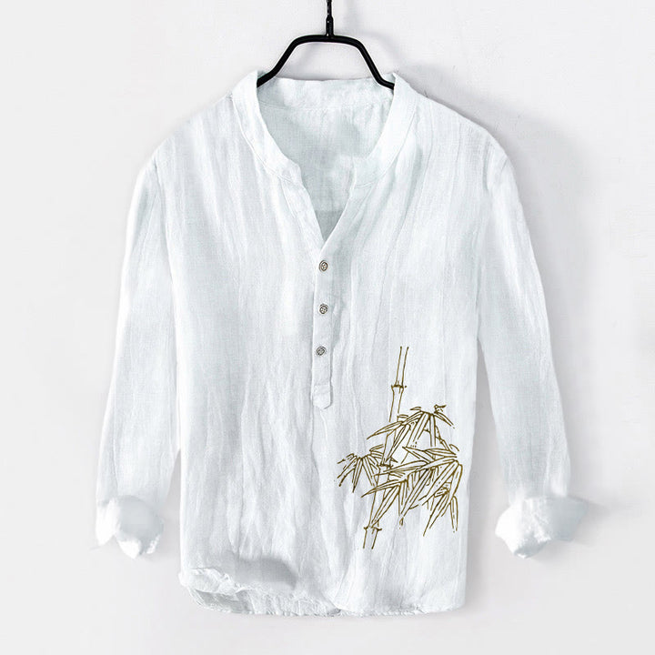 Buddha Stones Bamboo Leaves Pattern Half Buttons Men's Cotton Linen Long Sleeve Shirt - White - US/UK/AU50,EU60 (5XL) - image 0