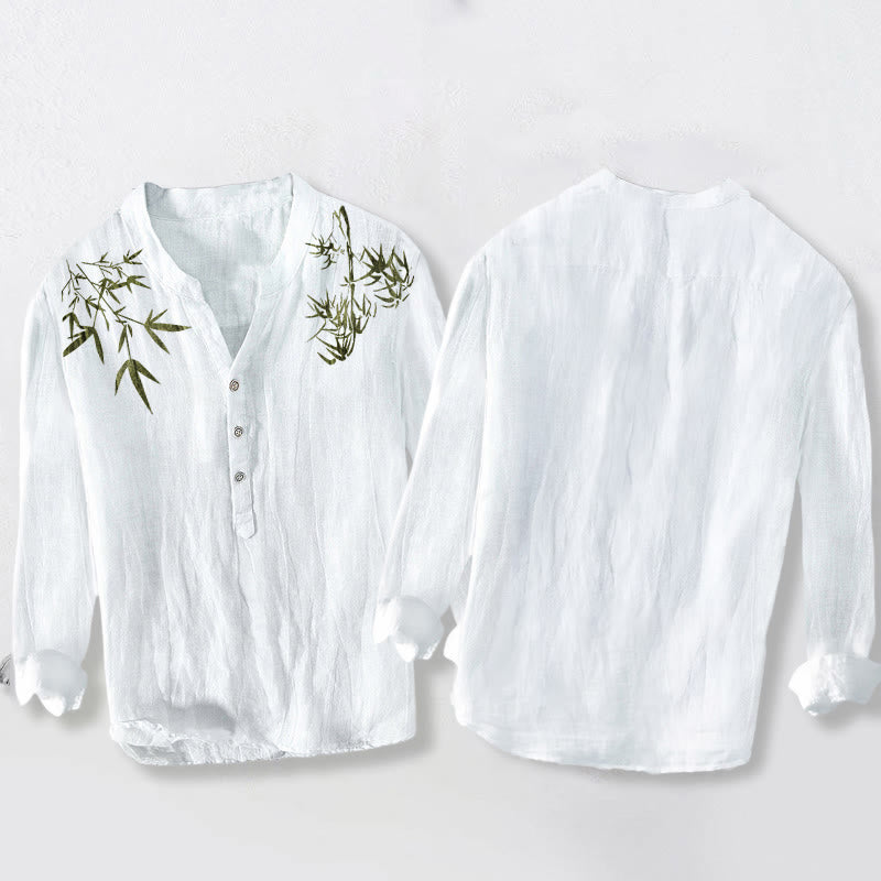 Buddha Stones Green Bamboo Leaves Pattern Half Buttons Men's Cotton Linen Long Sleeve Shirt - image 8