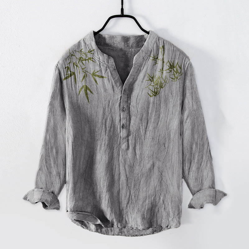 Buddha Stones Green Bamboo Leaves Pattern Half Buttons Men's Cotton Linen Long Sleeve Shirt - Gray - US/UK/AU50,EU60 (5XL) - image 3