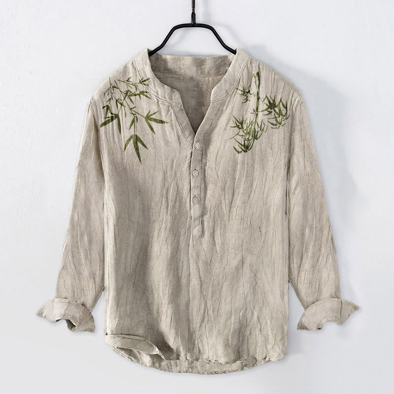 Buddha Stones Green Bamboo Leaves Pattern Half Buttons Men's Cotton Linen Long Sleeve Shirt - Linen - US/UK/AU50,EU60 (5XL) - image 0