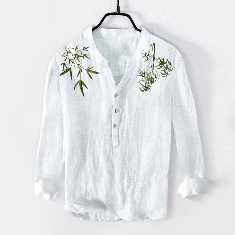 Buddha Stones Green Bamboo Leaves Pattern Half Buttons Men's Cotton Linen Long Sleeve Shirt - White - US/UK/AU50,EU60 (5XL) - image 6