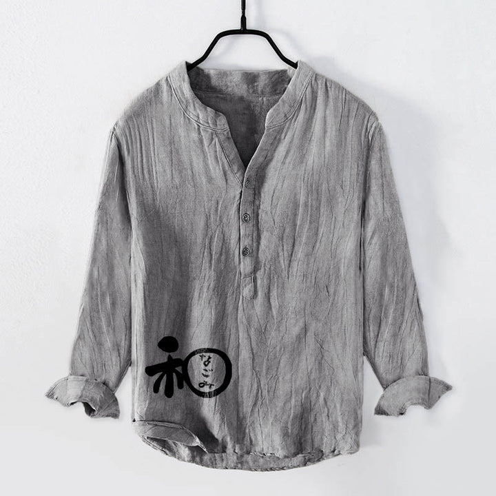 Buddha Stones Chinese Character Harmony Pattern Half Buttons Men's Cotton Linen Long Sleeve Shirt - Gray - US/UK/AU50,EU60 (5XL) - image 6