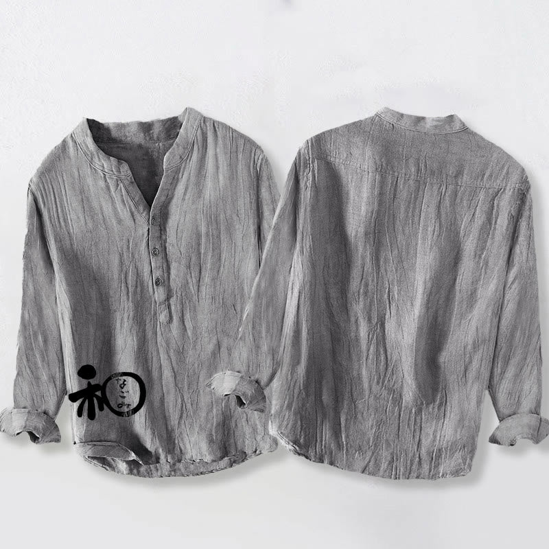 Buddha Stones Chinese Character Harmony Pattern Half Buttons Men's Cotton Linen Long Sleeve Shirt - image 8