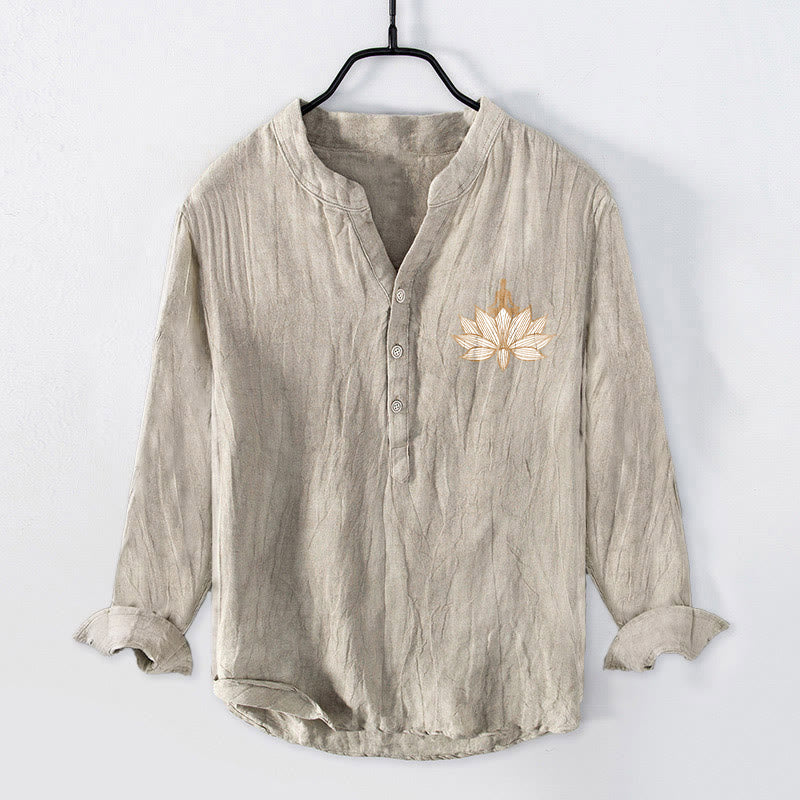 Buddha Stones Meditating Person Lotus Pattern Half Buttons Men's Cotton Linen Long Sleeve Shirt - image 4