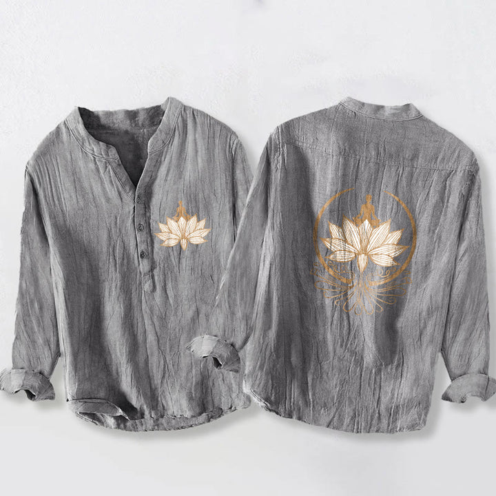 Buddha Stones Meditating Person Lotus Pattern Half Buttons Men's Cotton Linen Long Sleeve Shirt - Gray - US/UK/AU50,EU60 (5XL) - image 0