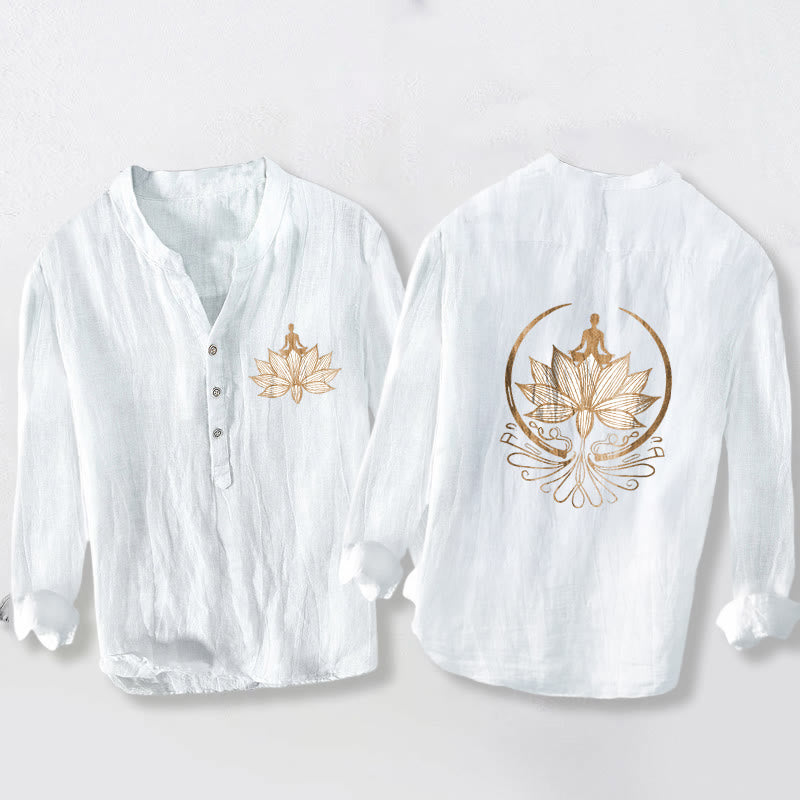 Buddha Stones Meditating Person Lotus Pattern Half Buttons Men's Cotton Linen Long Sleeve Shirt - White - US/UK/AU50,EU60 (5XL) - image 6