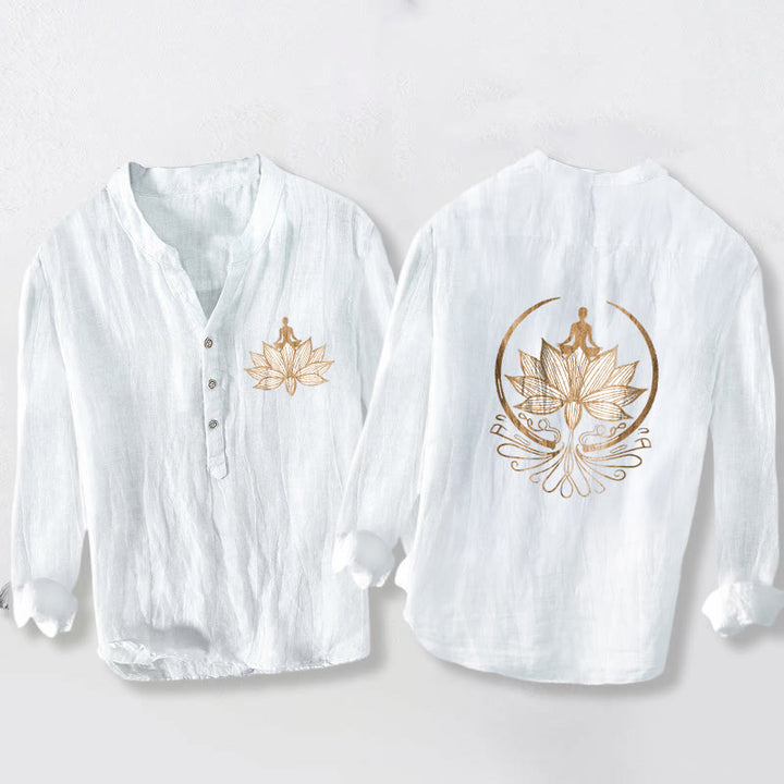 Buddha Stones Meditating Person Lotus Pattern Half Buttons Men's Cotton Linen Long Sleeve Shirt - White - US/UK/AU50,EU60 (5XL) - image 6
