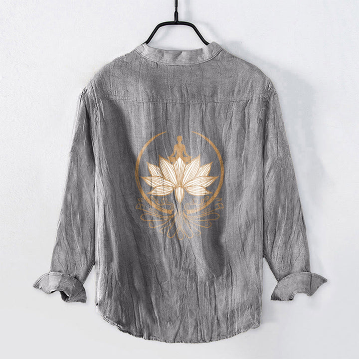 Buddha Stones Meditating Person Lotus Pattern Half Buttons Men's Cotton Linen Long Sleeve Shirt - image 2