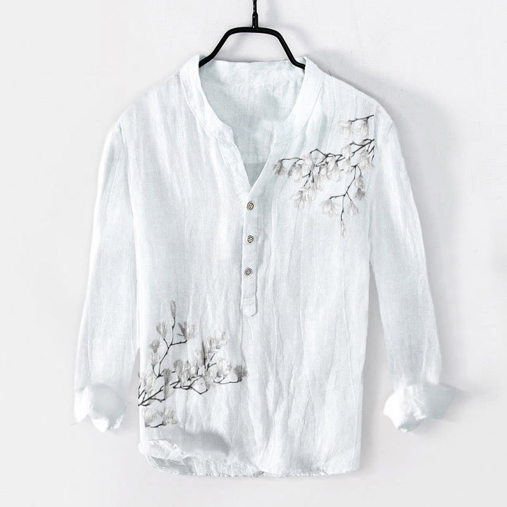 Buddha Stones Magnolia Flowers Branches Pattern Half Buttons Men's Cotton Linen Long Sleeve Shirt - White - US/UK/AU50,EU60 (5XL) - image 6