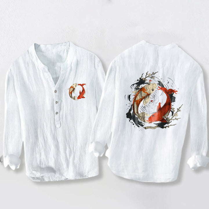Buddha Stones Red White Koi Fish Yin Yang Pattern Half Buttons Men's Cotton Linen Long Sleeve Shirt - White - US/UK/AU50,EU60 (5XL) - image 6