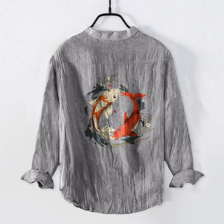 Buddha Stones Red White Koi Fish Yin Yang Pattern Half Buttons Men's Cotton Linen Long Sleeve Shirt - image 5