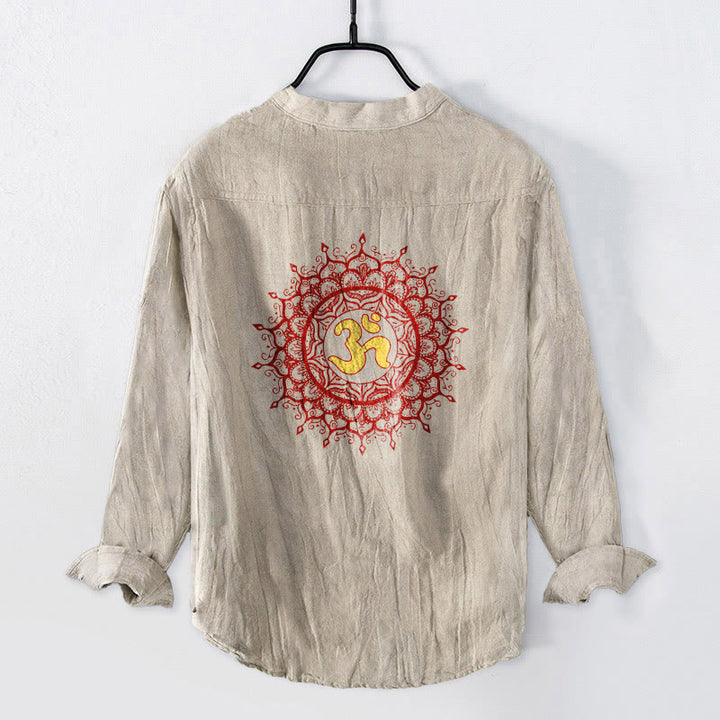 Buddha Stones OM Symbol Mandala Pattern Half Buttons Men's Cotton Linen Long Sleeve Shirt - image 5