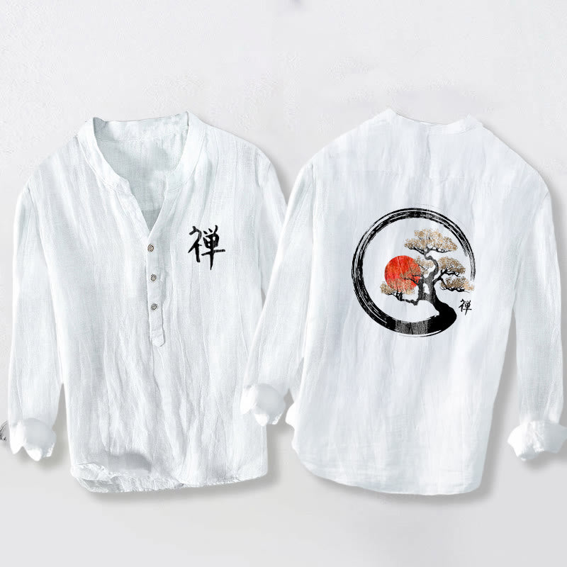 Buddha Stones Zen Character Pine Tree Sun Pattern Half Buttons Men's Cotton Linen Long Sleeve Shirt - White - US/UK/AU50,EU60 (5XL) - image 6