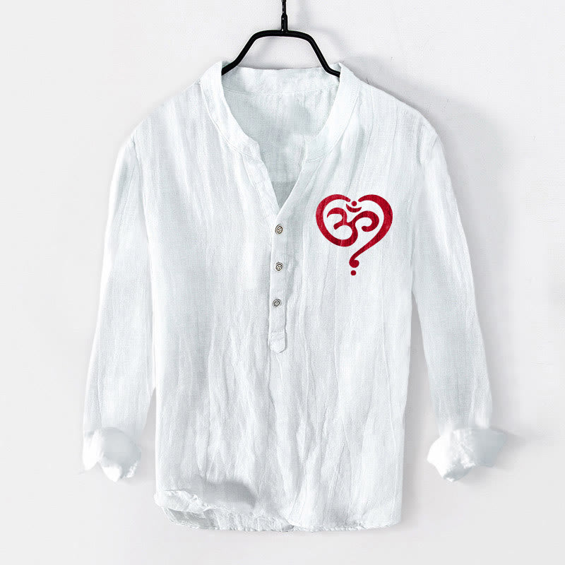 Buddha Stones Heart-shaped OM Symbol Pattern Half Buttons Men's Cotton Linen Long Sleeve Shirt - White - US/UK/AU50,EU60 (5XL) - image 6
