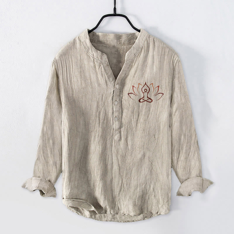 Buddha Stones Lotus Meditating Figure Pattern Half Buttons Men's Cotton Linen Long Sleeve Shirt - Linen - US/UK/AU50,EU60 (5XL) - image 0