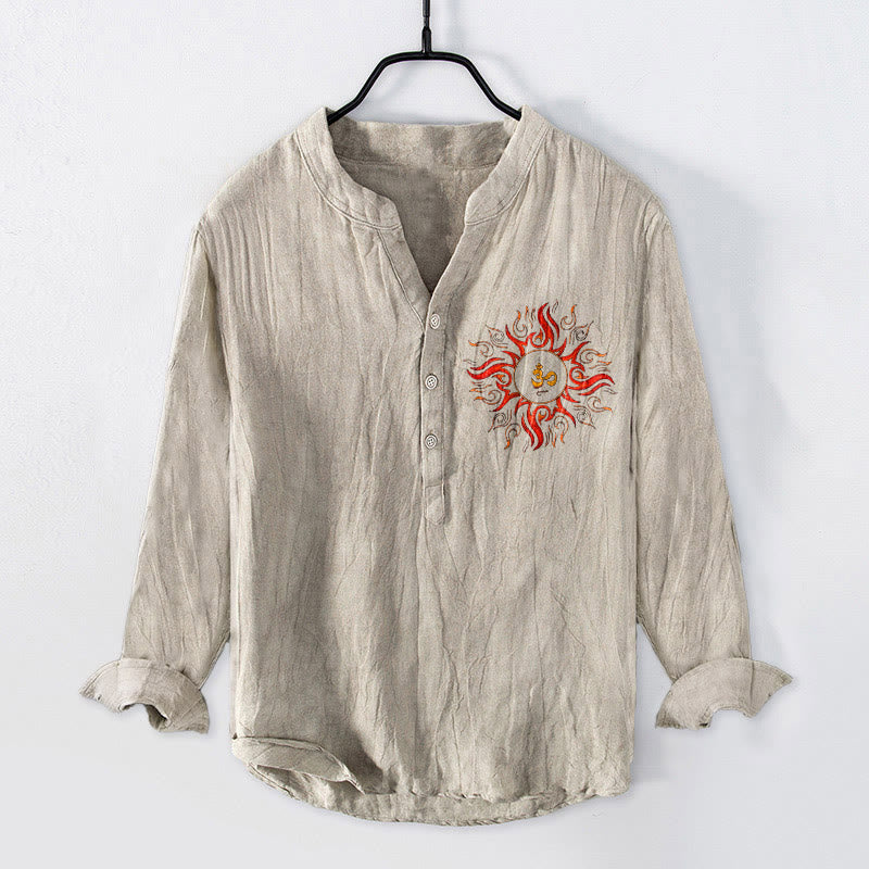 Buddha Stones Sun-shaped OM Symbol Pattern Half Buttons Men's Cotton Linen Long Sleeve Shirt - Linen - US/UK/AU50,EU60 (5XL) - image 0