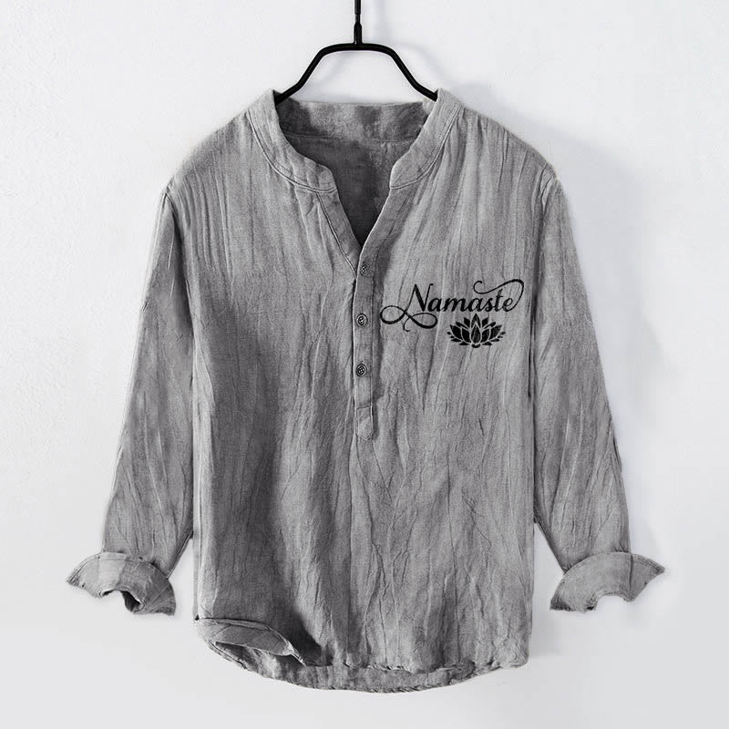 Buddha Stones "Namaste" Lotus Flower Half Buttons Design Long Sleeve Men's Cotton Linen Shirt - Gray - US/UK/AU50,EU60 (5XL) - image 3
